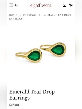 Eight Five One Emerald Tear Drop Earrings Gold Green Studs Boutique